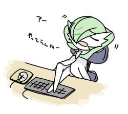 Rule 34 | 1girl, arms behind head, arms up, bob cut, closed eyes, colored skin, creatures (company), crossed legs, eyes visible through hair, female focus, flat chest, game freak, gardevoir, gen 3 pokemon, green hair, green skin, hair over one eye, japanese text, keyboard (computer), leaning back, lotosu, mouse (computer), mousepad, mousepad (object), multicolored skin, nintendo, on chair, open mouth, pokemon, pokemon (creature), short hair, simple background, sitting, sketch, solo, swivel chair, table, talking, translation request, two-tone skin, white background, white skin