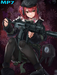 Rule 34 | 1girl, absurdres, b2w, beret, fur trim, girls&#039; frontline, gun, h&amp;k mp7, hat, highres, jacket, mp7 (girls&#039; frontline), pantyhose, personal defense weapon, pleated skirt, red hair, red nails, ribbon, short hair, side ponytail, sketch, skirt, solo, submachine gun, suppressor, weapon