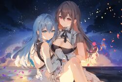 2girls bare_shoulders blue_eyes blue_hair breasts brown_hair cleavage closed_mouth cloud cloudy_sky commentary_request dress falling_petals gloves hair_between_eyes highres holding_hands long_hair looking_at_viewer multicolored_hair multiple_girls necomi night night_sky orange_hair original petals red_eyes short_sleeves sky smile two-tone_hair white_gloves