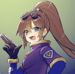 Rule 34 | 1girl, :d, brown hair, eyewear on head, gloves, green eyes, long hair, murata tefu, open mouth, ponytail, precis neumann, simple background, smile, solo, square enix, star ocean, star ocean the second story, sunglasses, torn clothes, tri-ace