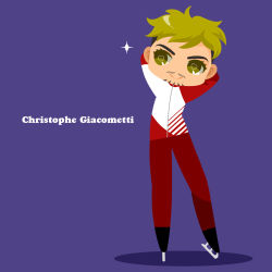 Rule 34 | 1boy, :&gt;, arms behind head, blonde hair, blue background, character name, christophe giacometti, facial hair, green eyes, heart, heart-shaped pupils, highres, ice skates, kaorin minogue, male focus, skates, smile, sparkle, symbol-shaped pupils, track suit, yuri!!! on ice
