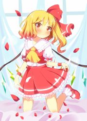 Rule 34 | 1girl, :c, ascot, blush, bow, clothes lift, flandre scarlet, hair bow, highres, kneeling, looking at viewer, mary janes, petals, puffy short sleeves, puffy sleeves, red eyes, shirt, shoes, short sleeves, side ponytail, skirt, skirt lift, skirt set, solo, touhou, vest, wings, wrist cuffs, yuimari