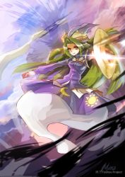 Rule 34 | 1girl, bad id, blush, bow, capelet, card, character name, clear echoes, crescent, ghost tail, green eyes, green hair, hat, highres, long hair, long sleeves, looking at viewer, matching hair/eyes, mima (touhou), moon, open mouth, skirt, skirt set, smile, solo, spell card, staff, sun, sun symbol, touhou, touhou (pc-98), vest, wings, wizard hat