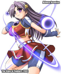 Rule 34 | 1girl, asamiya athena, belt, bike shorts, blush, breasts, fingerless gloves, gloves, large breasts, long hair, purple eyes, purple hair, skirt, smile, snk, solo, the king of fighters, thighhighs, thighs, tonpuu