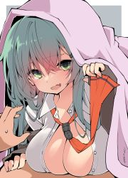 Rule 34 | 1boy, 1girl, aqua hair, blanket, breast press, breasts, cleavage, fang, green eyes, hair between eyes, highres, jacket, kantai collection, large breasts, long hair, looking at viewer, off shoulder, open mouth, red neckwear, sakakiba misogi, shirt, signature, simple background, skin fang, solo focus, suzuya (kancolle), sweat, white shirt