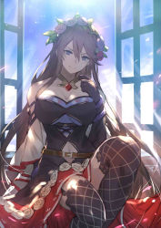 Rule 34 | 1girl, argyle, argyle clothes, argyle cutout, argyle legwear, backlighting, bare shoulders, breasts, brown hair, cleavage, clothing cutout, commentary request, detached sleeves, dress, flower, gloves, granblue fantasy, hair between eyes, hair flower, hair ornament, hand on own chest, highres, jewelry, kakage, large breasts, long hair, looking at viewer, navel, navel cutout, necklace, open window, patterned legwear, purple eyes, rose, rosetta (granblue fantasy), sitting, sleeveless, smile, solo, star (symbol), thighhighs, wide sleeves, window