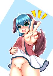 Rule 34 | 1girl, akizuki (akizuki71), animal ears, blue background, blush, breasts, cleft of venus, clothes lift, dog ears, dog girl, dog tail, fangs, green eyes, green hair, highres, kasodani kyouko, long sleeves, looking at viewer, no panties, open mouth, pussy, red shirt, shirt, short hair, skirt, skirt lift, small breasts, smile, standing, tail, touhou, v, white skirt