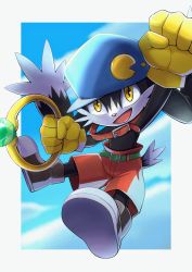 Rule 34 | 1boy, :d, animal ears, arm up, belt, black fur, blue hat, blue sky, body fur, border, cabbie hat, clenched hands, cloud, collar, commentary request, day, full body, furry, furry male, gem, gloves, green belt, green gemstone, happy, hat, highres, holding, jewelry, kaze no klonoa, klonoa, looking at viewer, male focus, open mouth, outdoors, outside border, red collar, red shorts, ring, shoes, shorts, sky, smile, solo, tail, topless male, two-tone fur, watagashikn, white border, white fur, yellow eyes, yellow gloves