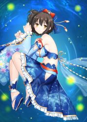 Rule 34 | 1girl, absurdres, bare shoulders, black hair, blue background, blush, breasts, full body, highres, idolmaster, idolmaster cinderella girls, idolmaster cinderella girls starlight stage, large breasts, looking at viewer, ribbon, short hair, smile, solo, takafuji kako, yellow eyes