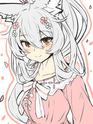 Rule 34 | 1girl, animal ear fluff, animal ears, bow, closed mouth, collarbone, commentary request, dress, flower, fox ears, grey hair, hair between eyes, hair flower, hair ornament, highres, long hair, looking at viewer, original, petals, pink dress, pink flower, ponytail, red eyes, smile, solo, striped, striped bow, upper body, very long hair, white background, white bow, white flower, yuuji (yukimimi)