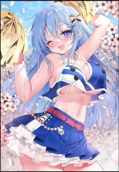 Rule 34 | 1girl, ;d, absurdres, arms up, bare arms, belt, blue eyes, blue hair, blue skirt, blush, bow, breasts, cheerleader, crop top, crossed bangs, emori miku, flower, frilled skirt, frills, hair between eyes, hair bow, hair ornament, highres, holding, holding pom poms, large breasts, liver city, long hair, looking at viewer, midriff, miniskirt, navel, one eye closed, open mouth, petals, pink belt, pink flower, pleated skirt, pom pom (cheerleading), pom poms, skirt, smile, solo, underboob, very long hair, x hair ornament, yoruhoshi owl
