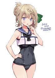 Rule 34 | 1girl, bad id, bad pixiv id, black one-piece swimsuit, blonde hair, blue sailor collar, blush, breasts, collarbone, cosplay, cowboy shot, dated, hair between eyes, hand on own hip, hand on own chin, kantai collection, large breasts, odawara hakone, one-hour drawing challenge, one-piece swimsuit, open mouth, perth (kancolle), purple eyes, ro-500 (kancolle), ro-500 (kancolle) (cosplay), sailor collar, sailor shirt, school swimsuit, shirt, short hair, simple background, sleeveless, sleeveless shirt, solo, swimsuit, swimsuit under clothes, twitter username, white background, white shirt