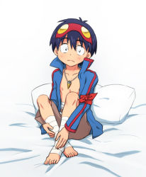 Rule 34 | 00s, 1boy, bandages, barefoot, bed, blush, child, looking at viewer, male focus, simon (ttgl), solo, tagme, tengen toppa gurren lagann