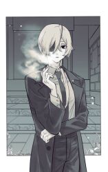 Rule 34 | 1girl, black coat, black necktie, black pants, blackhiro6, border, chainsaw man, cigarette, coat, collared shirt, elbow rest, eyepatch, grey hair, greyscale, highres, holding, holding cigarette, long hair, looking at viewer, monochrome, necktie, outside border, pants, ponytail, quanxi (chainsaw man), shirt, shirt tucked in, smoke, smoking, solo, stairs, white border, white shirt