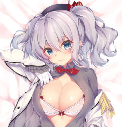 Rule 34 | 10s, 1girl, beret, blue eyes, blush, bra, breasts, cleavage, dakimakura (medium), epaulettes, frilled sleeves, frills, hat, kantai collection, kashima (kancolle), large breasts, long hair, looking at viewer, lying, military, military uniform, obiwan, on back, open clothes, silver hair, smile, solo, twintails, underwear, undressing, uniform, upper body, wavy hair