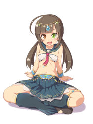 Rule 34 | 1girl, ahoge, arm support, bare shoulders, blue sailor collar, blush, breasts, brown eyes, brown hair, crossed legs, full body, green eyes, heterochromia, jewelry, leg warmers, looking at viewer, navel, open mouth, original, sailor collar, sasaame, simple background, sitting, skirt, small breasts, smile, solo, twintails, white background