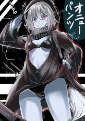 Rule 34 | &gt;:d, 10s, 1girl, :d, black panties, breasts, cameltoe, clothes lift, commentary request, glowing, glowing eyes, grin, hood, hoodie, jacket, jacket lift, kantai collection, o-ring, o-ring top, open mouth, pale skin, panties, purple eyes, re-class battleship, salute, scarf, short hair, silver hair, sketch, small breasts, smile, solo, tai (nazutai), tail, translation request, underwear, v-shaped eyebrows, zipper