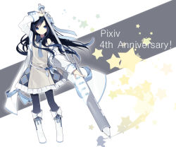 Rule 34 | 1girl, anniversary, arm up, black hair, blue eyes, boots, bow, dress, fighting stance, hair bow, hijiri (resetter), jacket, necktie, pantyhose, pen, pixiv, pixiv-tan, solo, staff, star (symbol)
