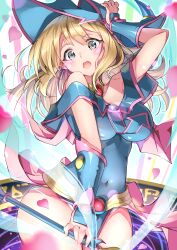 Rule 34 | 1girl, absurdres, bare shoulders, blonde hair, blue hat, blush, blush stickers, breasts, choker, cleavage, cowboy shot, dark magician girl, duel monster, green eyes, hair between eyes, hat, highres, holding, holding wand, large breasts, long hair, looking at viewer, open mouth, shiroyu, solo, staff, wand, wizard hat, yu-gi-oh!, yu-gi-oh! duel monsters