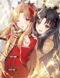 Rule 34 | 2girls, ;d, black bow, black hair, blonde hair, blurry, blurry background, blush, bow, brown coat, coat, coffee cup, commentary request, cup, depth of field, disposable cup, duffel coat, ereshkigal (fate), fate/grand order, fate (series), fingernails, hair bow, hand on another&#039;s shoulder, hands up, holding, holding cup, ishtar (fate), kagachi saku, long hair, long sleeves, multiple girls, nail polish, one eye closed, open mouth, parted bangs, pink nails, red bow, red coat, red eyes, signature, smile, tiara, very long hair