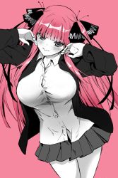Rule 34 | 1girl, absurdres, arms up, black cardigan, black ribbon, blunt bangs, blush, breasts, butterfly hair ornament, button gap, cardigan, closed mouth, eyebrows hidden by hair, frown, go-toubun no hanayome, hair ornament, hand on own cheek, hand on own face, highres, large breasts, long hair, looking at viewer, monochrome, nakano nino, open cardigan, open clothes, pink background, pink hair, ribbon, shirt, simple background, skirt, sukeno yoshiaki, thick thighs, thighs, twintails, v-shaped eyebrows, white shirt