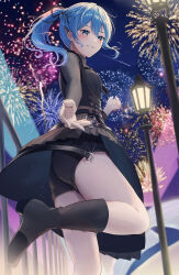 Rule 34 | 1girl, absurdres, ass, black shirt, black shorts, blue eyes, blue hair, earrings, fireworks, floating hair, glint, grin, highres, hololive, hoshimachi suisei, hoshimachi suisei (shout in crisis), jewelry, lamppost, long hair, nakaneabura8623, night, night sky, official alternate costume, official alternate hairstyle, ponytail, shirt, short shorts, shorts, sky, smile, solo, standing, standing on one leg, star (sky), star (symbol), star in eye, symbol in eye, thighs, turtleneck, virtual youtuber, wing hair ornament