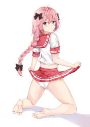 Rule 34 | 1boy, absurdres, antenna hair, astolfo (fate), astolfo (sailor paladin) (fate), bantian yindang, barefoot, braid, braided ponytail, closed mouth, clothes lift, crossdressing, fate/grand order, fate (series), feet, full body, hair between eyes, hair ornament, highres, legs, long hair, looking at viewer, miniskirt, official alternate costume, panties, pink eyes, pink hair, pleated skirt, red skirt, school uniform, serafuku, simple background, skirt, skirt lift, soles, solo, toes, trap, underwear, white background, white panties