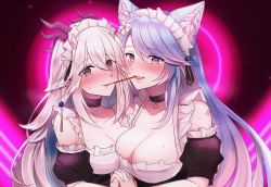 Rule 34 | 2girls, animal ear fluff, animal ears, apron, black choker, black sleeves, blue eyes, blue hair, blush, breasts, choker, cleavage, commentary, commission, detached sleeves, dragon girl, dragon horns, english commentary, fang, food, heart, heart-shaped pupils, highres, holding hands, horns, large breasts, long hair, looking at viewer, maid, maid apron, maid headdress, multiple girls, open mouth, pink hair, pocky, pocky kiss, second-party source, shared food, silvervale, skin fang, swept bangs, symbol-shaped pupils, vei (vtuber), vei (vtuber) (3rd costume), vei (vtuber) (sky empress), virtual youtuber, vshojo, white hair, wolf ears, wolf girl, yuri, zherrevia