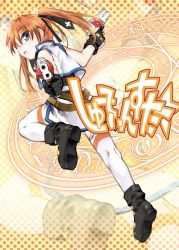 Rule 34 | 00s, 1girl, ankle boots, bare legs, belt, black footwear, black gloves, blue eyes, boots, buckle, cross mirage, dress, dual wielding, from behind, full body, gloves, gun, holding, kakashichi, kneepits, looking at viewer, looking back, lyrical nanoha, mahou shoujo lyrical nanoha, mahou shoujo lyrical nanoha strikers, simon (ttgl), solo, teana lanster, thighhighs, uniform, weapon, white dress, yellow background