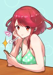 Rule 34 | 1girl, alternate costume, casual, earphones, green322, highres, looking at viewer, nintendo, one-piece swimsuit, pyra (xenoblade), red eyes, red hair, shirt, short hair, smile, solo, swimsuit, xenoblade chronicles (series), xenoblade chronicles 2