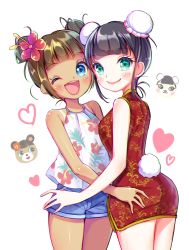 Rule 34 | 2girls, ;d, animal crossing, aqua eyes, ass, bare arms, bare shoulders, bear, bear tail, black hair, blue eyes, blue shorts, blush, breasts, brown hair, bun cover, china dress, chinese clothes, chromatic aberration, closed mouth, cowboy shot, double bun, dress, dual persona, facing another, floral print, flower, hair bun, hair flower, hair ornament, heart, hibiscus, hibiscus print, highres, june (animal crossing), kurape (pat1na), legs together, lips, looking at viewer, medium breasts, multiple girls, nintendo, one eye closed, open mouth, pekoe (animal crossing), personification, pink flower, pink lips, red dress, shirt, short dress, short hair, shorts, simple background, sleeveless, sleeveless dress, smile, tail, tan, tanline, teeth, white background, white shirt