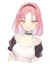 Rule 34 | 1girl, bare shoulders, breasts, choker, collarbone, earrings, hairband, jewelry, lace-trimmed choker, lace trim, looking at viewer, lpip, original, parted lips, pink eyes, pink hair, puffy short sleeves, puffy sleeves, short hair, short sleeves, solo, upper body, white background