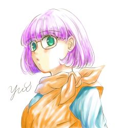 Rule 34 | 1girl, blue eyes, chrono trigger, glasses, looking at viewer, lucca ashtear, purple hair, scarf, short hair, simple background, solo, white background