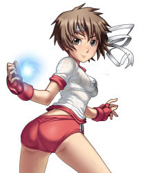 Rule 34 | 1girl, alternate costume, ass, breasts, brown eyes, brown hair, buruma, capcom, fingerless gloves, gloves, gym uniform, headband, highres, impossible clothes, impossible shirt, kasugano sakura, looking at viewer, see-through, shirt, short hair, simple background, solo, sportswear, street fighter, street fighter iv (series), sweat, tabigarasu, tight clothes, white background