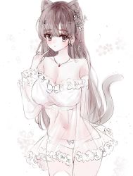 Rule 34 | 1girl, animal ear fluff, animal ears, bare shoulders, blush, bow, bow panties, breasts, brown eyes, brown hair, cat ears, cat girl, cat tail, cleavage, collarbone, commentary, dress, floral background, flower, hair flower, hair ornament, hand up, highres, long hair, long sleeves, looking at viewer, medium breasts, navel, off-shoulder dress, off shoulder, original, panties, see-through, solo, symbol-only commentary, tail, tandohark, underwear, very long hair, white background, white dress, white flower, white panties