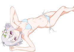 Rule 34 | 1girl, antenna hair, bikini, blue bikini, breasts, elf, feet out of frame, flower, grey hair, hair flower, hair ornament, highres, kokkoro (princess connect!), looking at viewer, lying, navel, on back, pink eyes, pointy ears, princess connect!, short hair, side-tie bikini bottom, simple background, small breasts, smile, solo, sonoda 345, swimsuit, white background, white flower