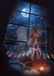 Rule 34 | 1girl, alternate costume, arms up, backless dress, backless outfit, blonde hair, book, cloud, cloudy sky, curtains, dress, flandre scarlet, from behind, full body, full moon, hair ribbon, hand on window, hat, highres, indoors, lantern, looking outside, looking up, mob cap, moon, night, on floor, one side up, open book, open mouth, puffy short sleeves, puffy sleeves, red dress, red eyes, reflection, ribbon, sash, short sleeves, sitting, sky, solo, tonan (l0l0l0l0l0l), touhou, white hat, white sleeves, window, wings, wooden floor