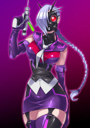 Rule 34 | 1girl, braid, breasts, closed mouth, contrapposto, cowboy shot, elbow gloves, finger on trigger, fold-over gloves, garter straps, gas mask, genderswap, genderswap (mtf), gloves, gradient background, grey hair, gun, hand up, highres, holding, holding gun, holding weapon, humanization, large breasts, long hair, looking at viewer, mask, miniskirt, neckerchief, pencil skirt, purple background, purple gloves, purple sailor collar, purple thighhighs, ryuusei (mark ii), sailor collar, shockwave (transformers), single braid, skirt, solo, standing, syringe gun, thighhighs, transformers, transformers prime, very long hair, weapon, white neckerchief