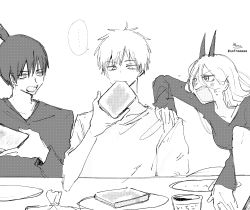 Rule 34 | + +, ..., 1girl, 2boys, blush, bread, bread slice, chainsaw man, cross-shaped pupils, denji (chainsaw man), earrings, food, greyscale, hair between eyes, hand on another&#039;s shoulder, hayakawa aki, highres, holding, holding food, horns, jam, jewelry, long sleeves, monochrome, multiple boys, open mouth, parted bangs, plate, power (chainsaw man), sharp teeth, shirt, short sleeves, signature, simple background, sketch, sofra, spoken ellipsis, symbol-shaped pupils, teeth, toast, twitter username, v-shaped eyebrows, white background