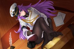 Rule 34 | 1girl, blue eyes, blush, breasts, brown eyes, desk, feet, giving, highres, large breasts, leora (sennen sensou aigis), long hair, looking at viewer, on desk, pantyhose, pov, purple hair, sennen sensou aigis, shoes, unworn shoes, single shoe, smile