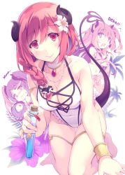 Rule 34 | 3girls, armlet, bikini, blush, bracelet, braid, breasts, brooch, character request, choker, cleavage, cross-laced clothes, cross-laced one-piece swimsuit, demon girl, demon horns, demon tail, hair ornament, holding, horns, io (princess connect!), io (summer) (princess connect!), itoichi., jewelry, large breasts, long hair, looking at viewer, misaki (princess connect!), misaki (summer) (princess connect!), multiple girls, one-piece swimsuit, open mouth, princess connect!, red eyes, red hair, short hair, side braid, smile, suzuna (princess connect!), suzuna (summer) (princess connect!), swimsuit, tail, twintails, vial, white one-piece swimsuit