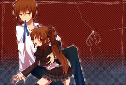 Rule 34 | 1boy, 1girl, bad id, bad pixiv id, brother and sister, brown hair, dress, frills, height difference, little busters!, long hair, mouth hold, natsume kyousuke, natsume rin, oshiruko (tsume), ponytail, red eyes, short hair, siblings