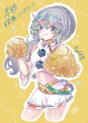 Rule 34 | 1girl, adapted costume, blue eyes, cheerleader, closed mouth, commentary request, crop top, grey hair, heart, holding, holding pom poms, long sleeves, looking at viewer, mononobe no futo, navel, nek0rin parme, outline, pom pom (cheerleading), pom pom (clothes), pom poms, ponytail, simple background, skirt, solo, touhou, translation request, white outline, white skirt, yellow background