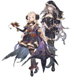 Rule 34 | 2girls, aqua eyes, arm at side, blonde hair, boots, breasts, crossed legs, dress, fold-over boots, granblue fantasy, green eyes, habit, hand up, high heel boots, high heels, long hair, looking at viewer, medium breasts, minaba hideo, mireille (granblue fantasy), multiple girls, official art, pantyhose, risette (granblue fantasy), silver hair, simple background, skirt, small breasts, standing, thighhighs, transparent background, vial