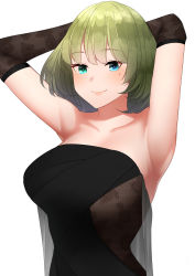 Rule 34 | 1girl, absurdres, armpits, arms behind head, arms up, bare shoulders, black dress, black gloves, blue eyes, breasts, dress, elbow gloves, fishnet gloves, fishnets, gloves, green eyes, green hair, heterochromia, highres, idolmaster, idolmaster cinderella girls, idolmaster cinderella girls starlight stage, large breasts, looking at viewer, mole, mole under eye, senju (snz0), short hair, simple background, smile, solo, strapless, strapless dress, takagaki kaede, unmoving pattern, upper body, white background