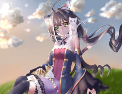 Rule 34 | 1girl, ahoge, animal ear fluff, animal ears, bad id, bad pixiv id, black hair, black ribbon, blue eyes, blurry, blurry background, breasts, cat, cat ears, cat girl, cat tail, cloud, cloudy sky, commentary request, detached sleeves, drill hair, evening, frills, gem, grass, hair ribbon, jacket, karyl (princess connect!), long hair, long sleeves, looking at viewer, medium breasts, miyama mizuki(hoshihoshi1220), multicolored hair, neck ribbon, open mouth, outdoors, princess connect!, purple ribbon, purple skirt, ribbon, shirt, sidelocks, sitting, skirt, sky, sleeveless, sleeveless shirt, smile, streaked hair, tail, twintails, vest, white cat, white hair, white shirt, wide sleeves