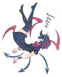 Rule 34 | 1girl, asymmetrical wings, black hair, black thighhighs, colored pencil (medium), commentary request, english text, female focus, houjuu nue, lyrics, short hair, simple background, solo, terrajin, thighhighs, touhou, traditional media, white background, wings, zettai ryouiki