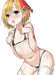 Rule 34 | 1girl, bare shoulders, bikini, blonde hair, blush, bow, bra, breasts, colorized, fang, greatmosu, hair bow, hair ornament, heart, heart-shaped pupils, highres, looking away, md5 mismatch, micro bikini, navel, open mouth, panties, pointy ears, red eyes, resized, resolution mismatch, rumia, simple background, sketch, small breasts, solo, source larger, swimsuit, symbol-shaped pupils, thighhighs, touhou, underwear, underwear only, white background, white thighhighs