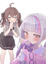 Rule 34 | 2girls, ahoge, bankamba, black skirt, blunt bangs, blush, brown hair, commentary request, embarrassed, gradient hair, grey hair, grey shirt, heart, heart-shaped pupils, highres, hololive, jacket, lace, lace sleeves, long hair, looking at another, miniskirt, multicolored hair, multiple girls, murasaki shion, murasaki shion (magical girl maid), natsuiro matsuri, natsuiro matsuri (casual), official alternate costume, own hands clasped, own hands together, pink hair, pink jacket, purple hair, shiokko (murasaki shion), shirt, sidelocks, sideways glance, simple background, skirt, streaked hair, sweat, nervous sweating, symbol-shaped pupils, textless version, twintails, virtual youtuber, white background, yellow eyes