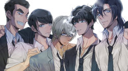 Rule 34 | 5boys, amuro tooru, backlighting, black eyes, black hair, black jacket, black neckwear, black suit, blonde hair, cigarette, clenched hand, closed mouth, collarbone, collared shirt, commentary, date wataru, dreaming182, facial hair, fingernails, formal, green eyes, grey jacket, grey suit, grin, hagiwara kenji, hair between eyes, hand up, happy, highres, jacket, looking at viewer, looking to the side, loose necktie, male focus, matsuda jinpei, meitantei conan, mouth hold, multiple boys, necktie, parted lips, scotch (meitantei conan), shirt, short hair, simple background, smile, smoke, smoking, stubble, suit, teeth, thick eyebrows, upper body, white background, white shirt